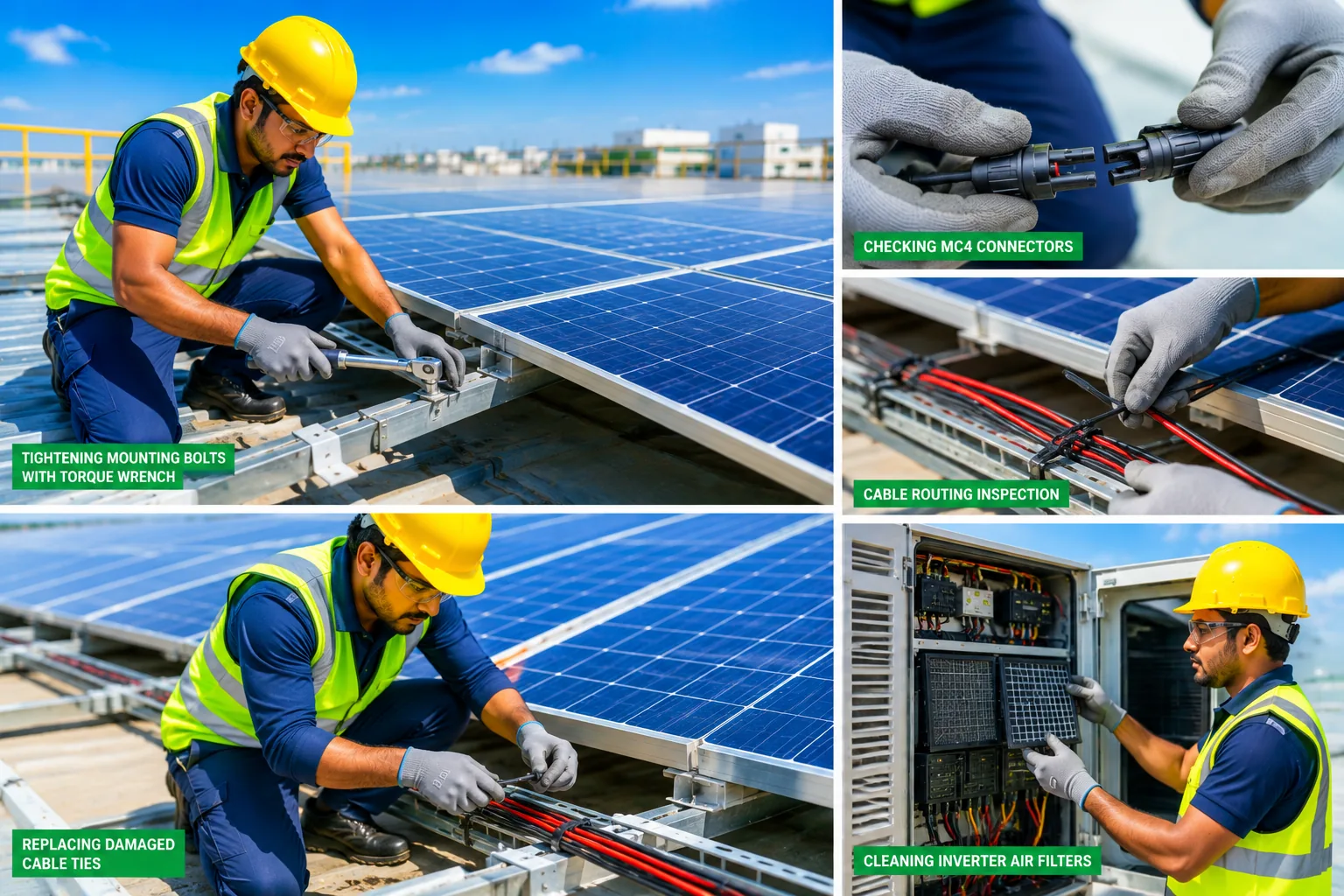 Preventive maintenance checks: torque, MC4 connectors, cable ties and inverter filters
